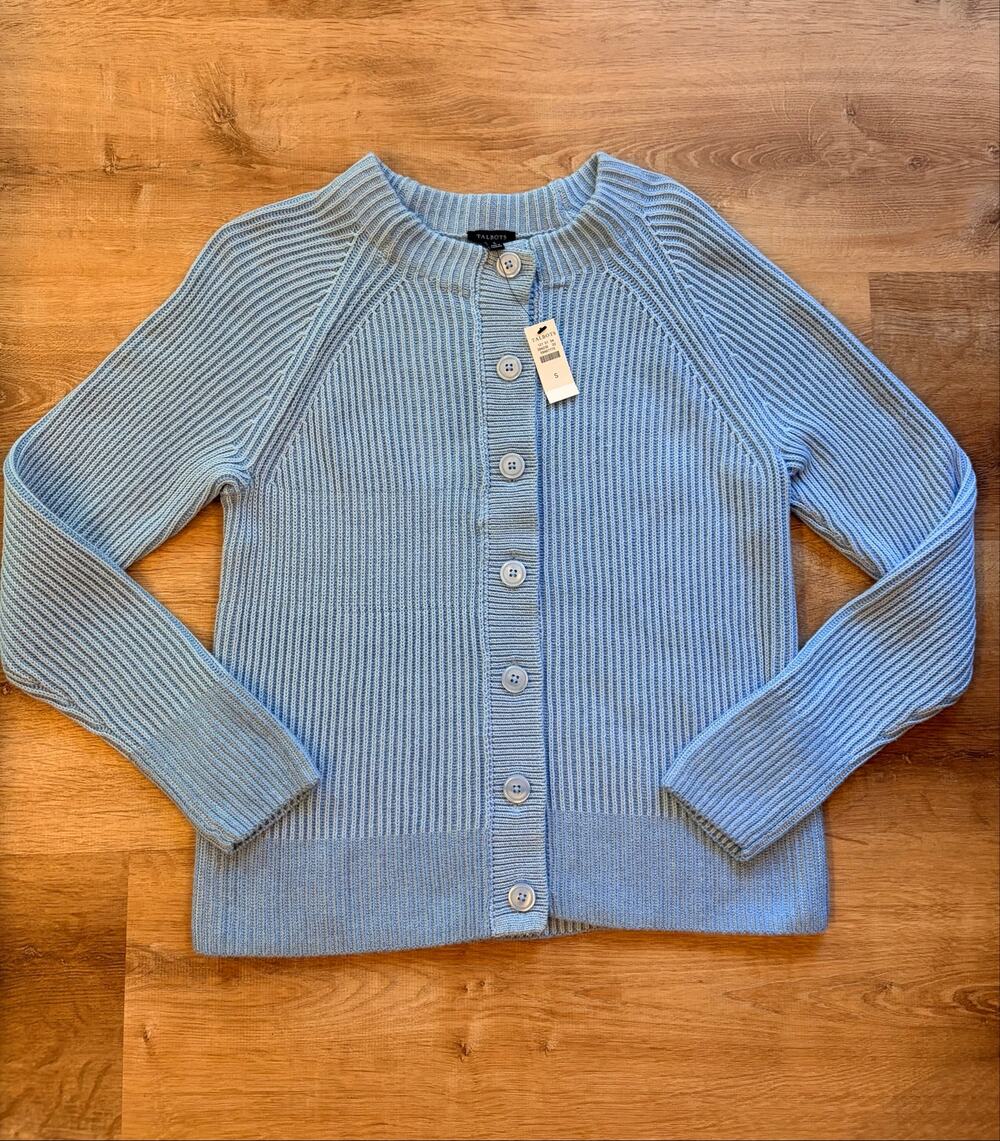 Talbots Women's Light Blue 100% Cotton Shaker Rib Knit Cardigan Sweater Size S